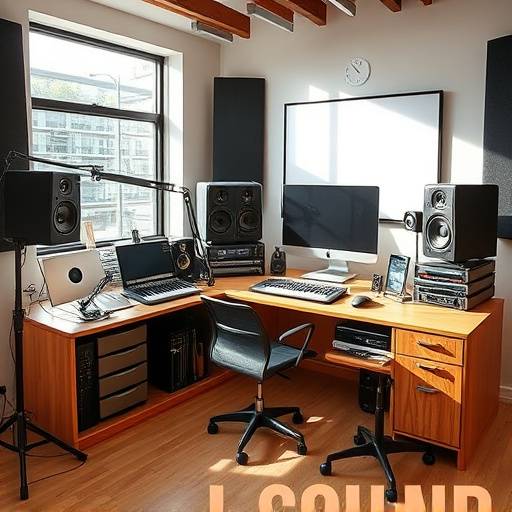 J-Sound Studioのロゴが描かれた、明るくモダンなデザインのデスクと機材が配置されたスタジオのイメージ