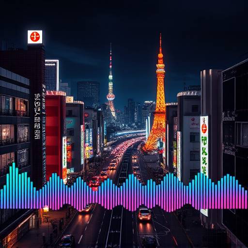 東京の夜景とオーディオ波形